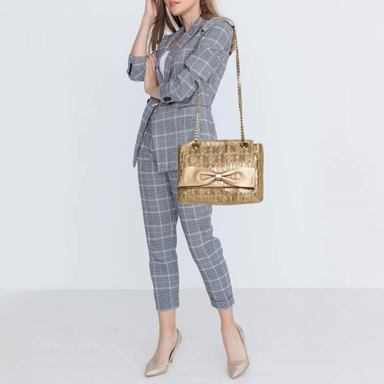 Pre Owned Carolina Herrera Gold Monogram Leather Audrey Shoulder Bag