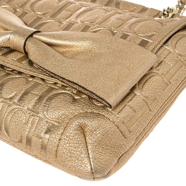 Pre Owned Carolina Herrera Gold Monogram Leather Audrey Shoulder Bag