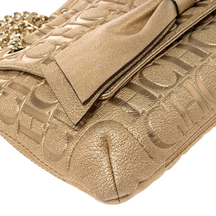 Pre Owned Carolina Herrera Gold Monogram Leather Audrey Shoulder Bag