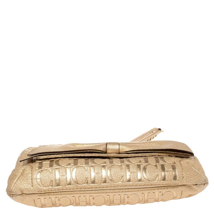 Pre Owned Carolina Herrera Gold Monogram Leather Audrey Shoulder Bag