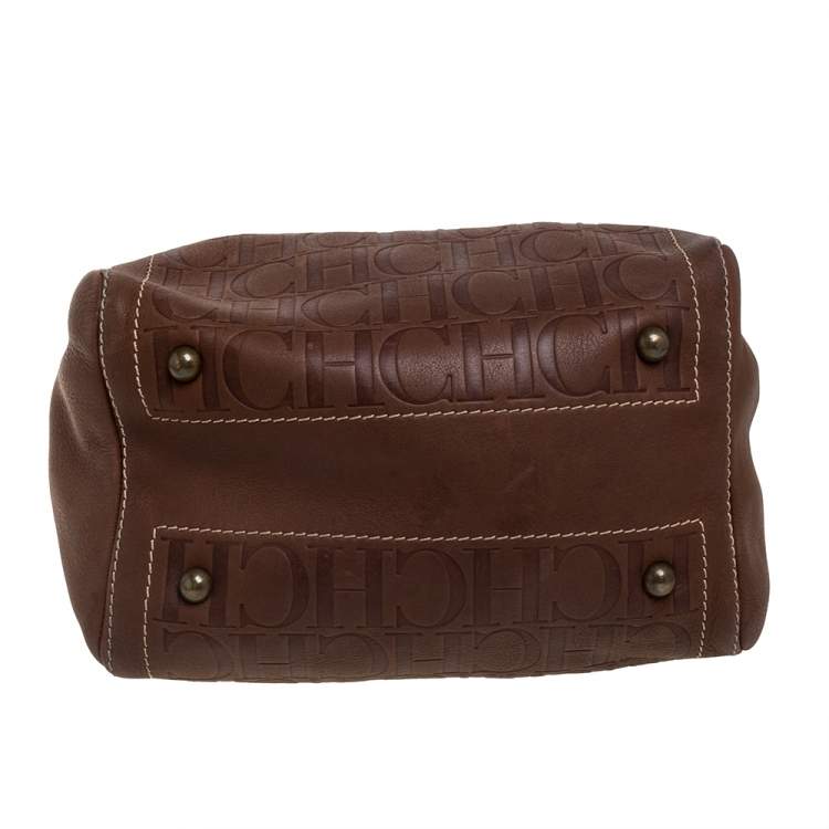 Pre Owned Carolina Herrera Brown Leather Monogram Embossed Andy Boston Bag