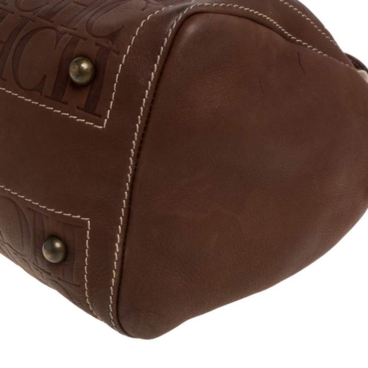 Pre Owned Carolina Herrera Brown Leather Monogram Embossed Andy Boston Bag