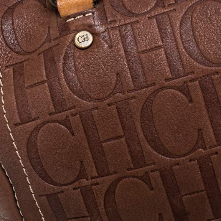 Pre Owned Carolina Herrera Brown Leather Monogram Embossed Andy Boston Bag
