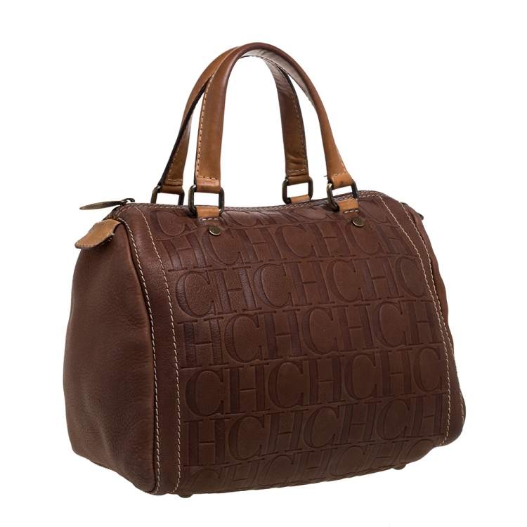 Pre Owned Carolina Herrera Brown Leather Monogram Embossed Andy Boston Bag