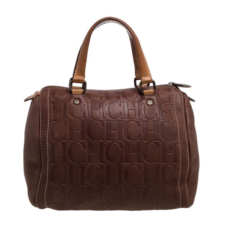 Pre Owned Carolina Herrera Brown Leather Monogram Embossed Andy Boston Bag