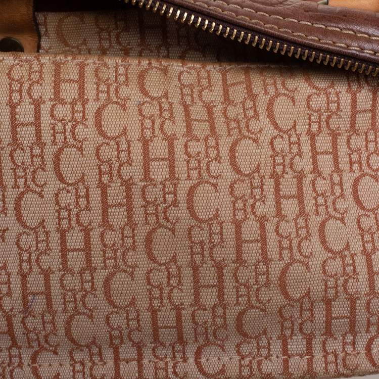 Pre Owned Carolina Herrera Brown Leather Monogram Embossed Andy Boston Bag