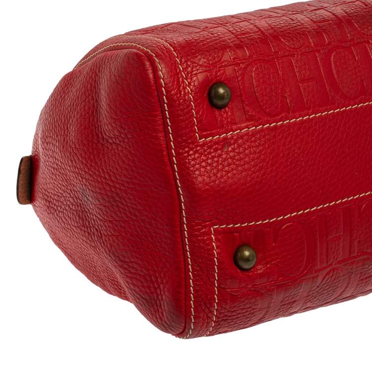 Pre Owned Carolina Herrera Red/Beige Monogram Embossed Leather Andy Boston Bag