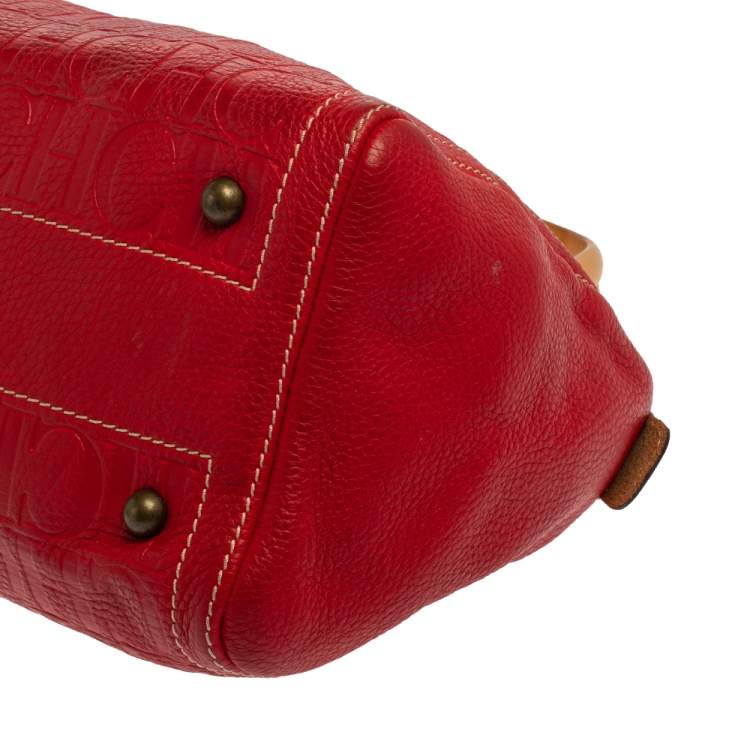 Pre Owned Carolina Herrera Red/Beige Monogram Embossed Leather Andy Boston Bag