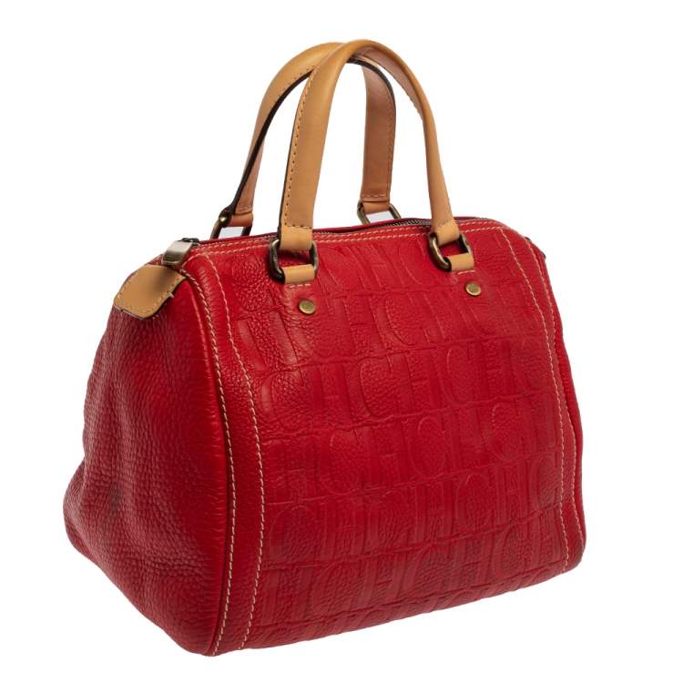 Pre Owned Carolina Herrera Red/Beige Monogram Embossed Leather Andy Boston Bag