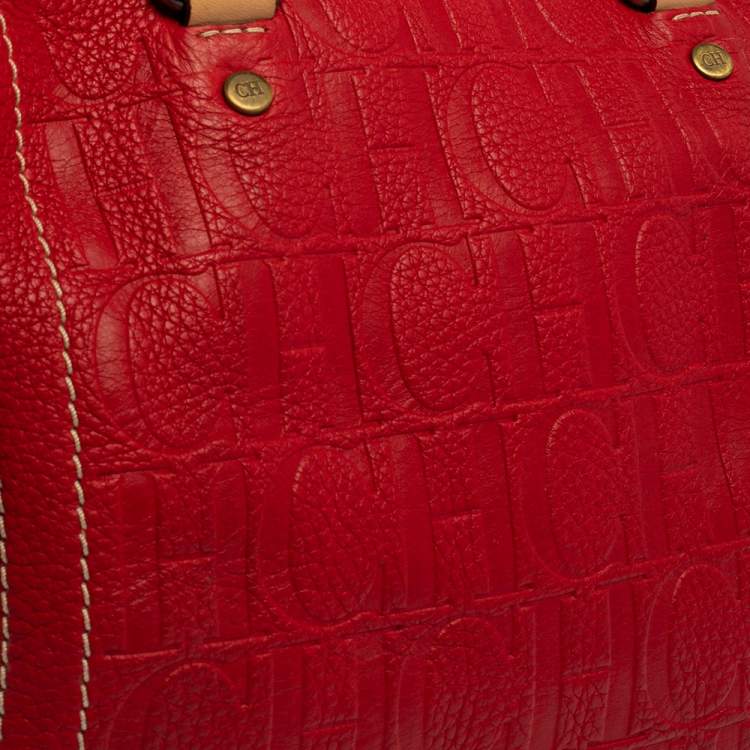 Pre Owned Carolina Herrera Red/Beige Monogram Embossed Leather Andy Boston Bag