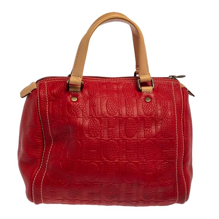 Pre Owned Carolina Herrera Red/Beige Monogram Embossed Leather Andy Boston Bag