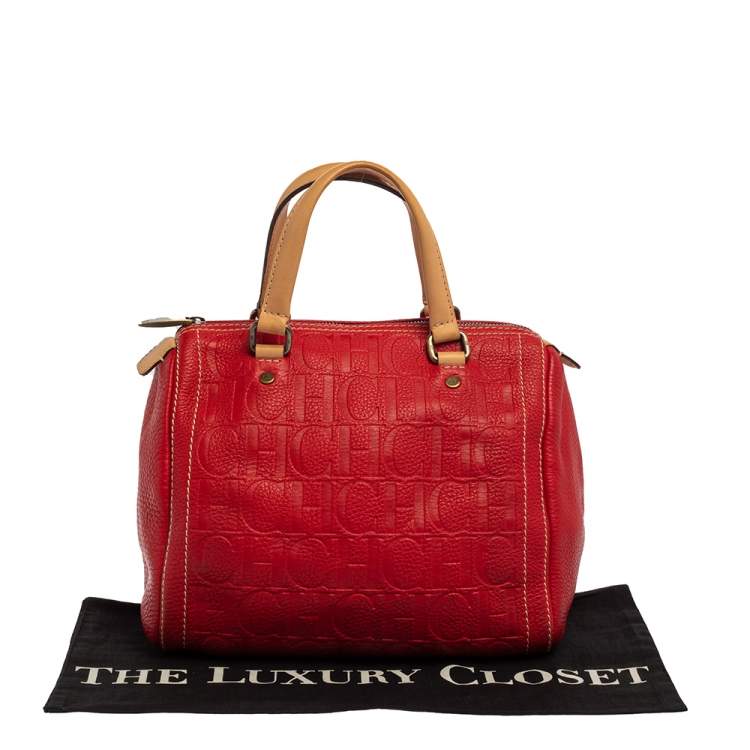 Pre Owned Carolina Herrera Red/Beige Monogram Embossed Leather Andy Boston Bag