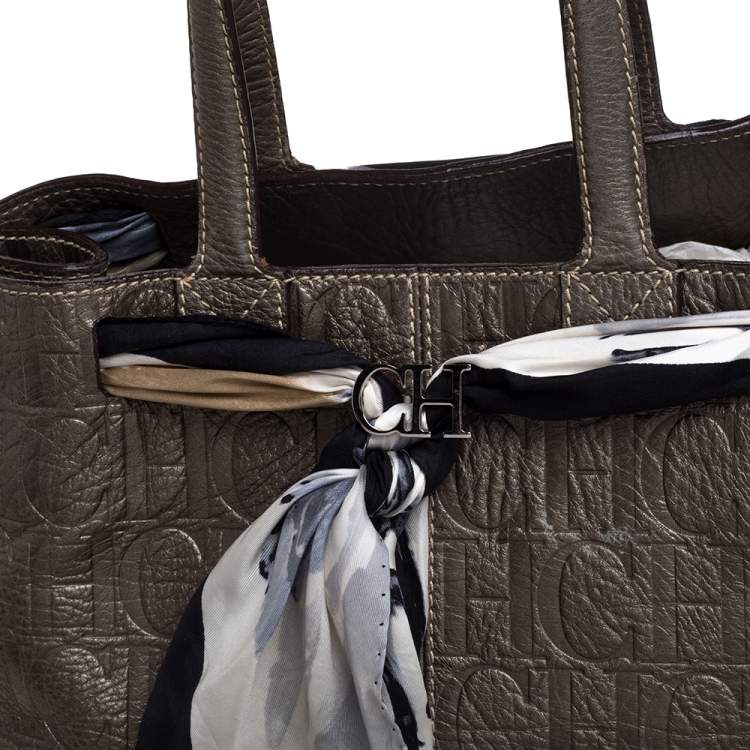 Pre Owned Carolina Herrera Metallic Grey Monogram Embossed Leather Scarf Tote