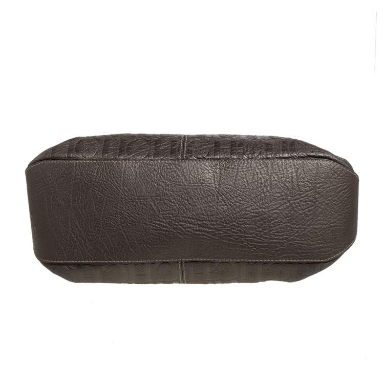 Pre Owned Carolina Herrera Metallic Grey Monogram Embossed Leather Scarf Tote