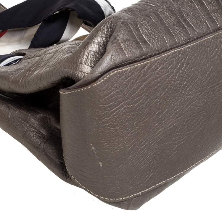 Pre Owned Carolina Herrera Metallic Grey Monogram Embossed Leather Scarf Tote
