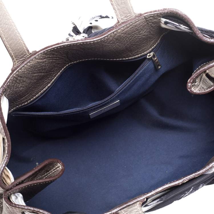 Pre Owned Carolina Herrera Metallic Grey Monogram Embossed Leather Scarf Tote