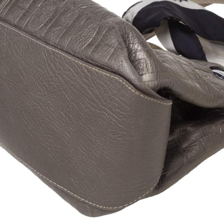 Pre Owned Carolina Herrera Metallic Grey Monogram Embossed Leather Scarf Tote