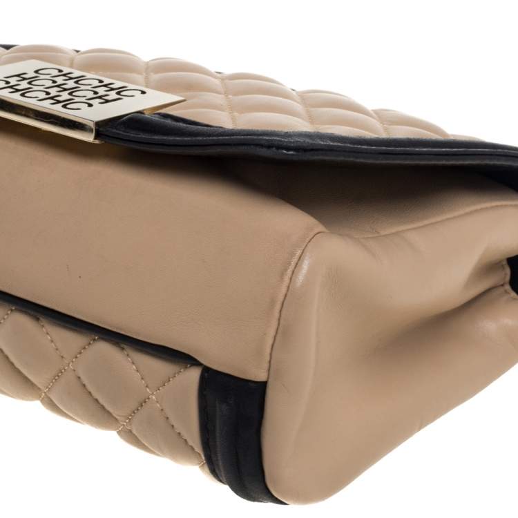 Pre Owned Carolina Herrera Beige/Black Quilted Leather Flap Shoulder Bag