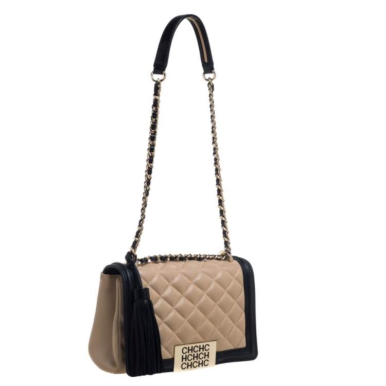 Pre Owned Carolina Herrera Beige/Black Quilted Leather Flap Shoulder Bag