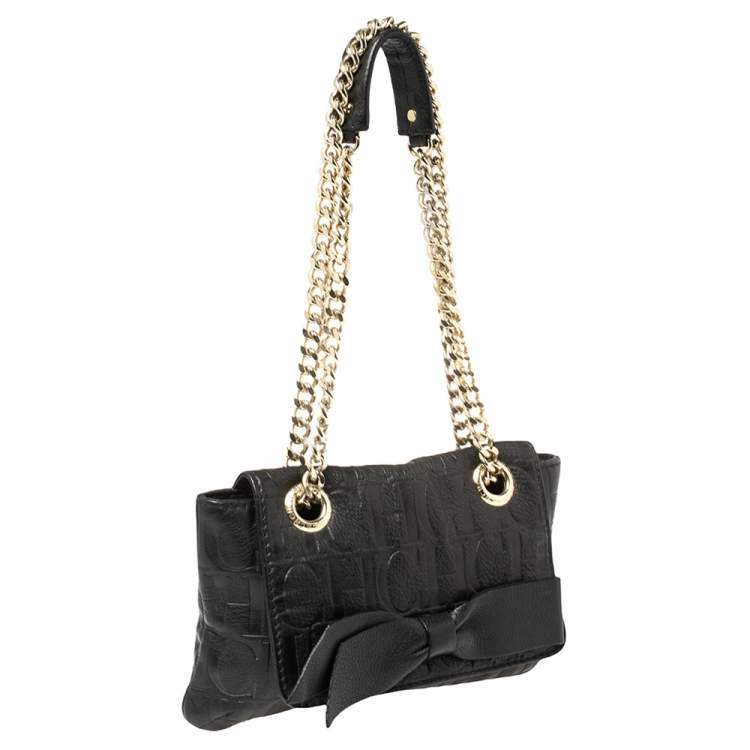 Pre Owned Carolina Herrera Black Embossed Leather Audrey Shoulder Bag