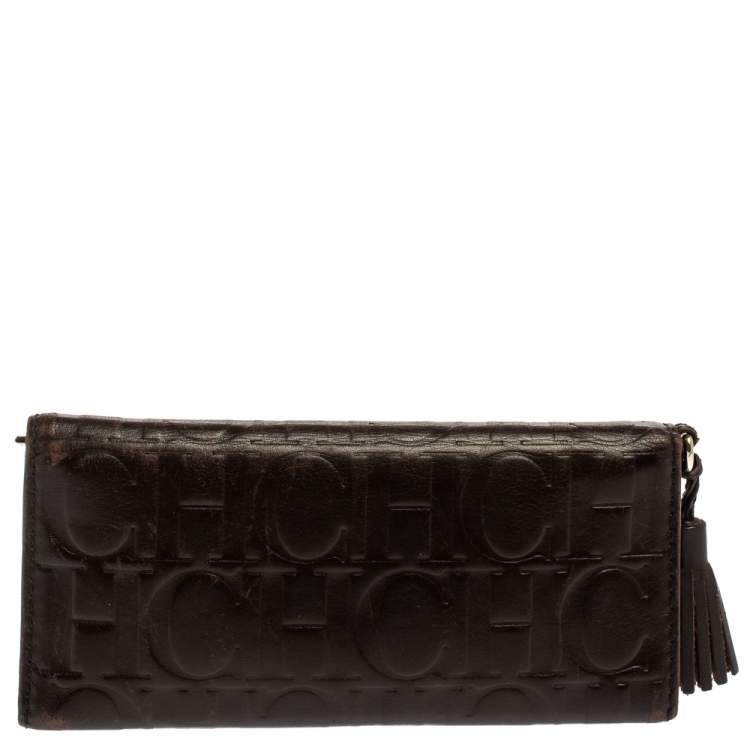 Pre Owned Carolina Herrera Dark Brown Monogram Leather Continental Wallet
