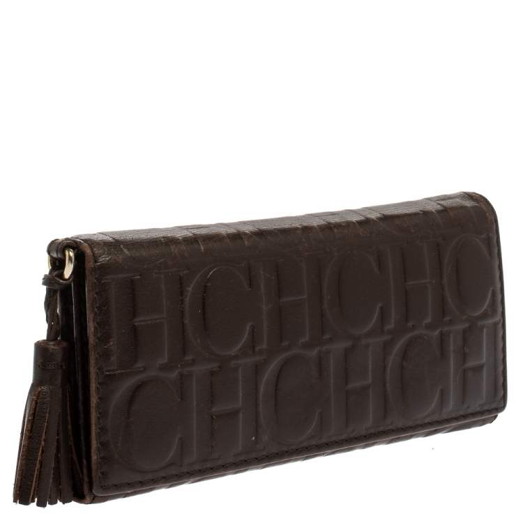 Pre Owned Carolina Herrera Dark Brown Monogram Leather Continental Wallet