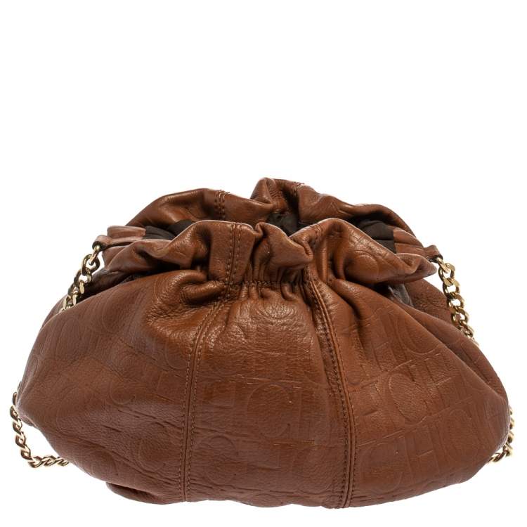 Pre Owned Carolina Herrera Brown Embossed Leather Bucket Shoulder Bag
