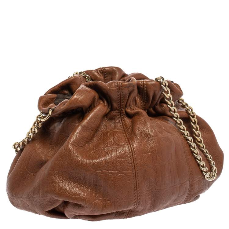 Pre Owned Carolina Herrera Brown Embossed Leather Bucket Shoulder Bag