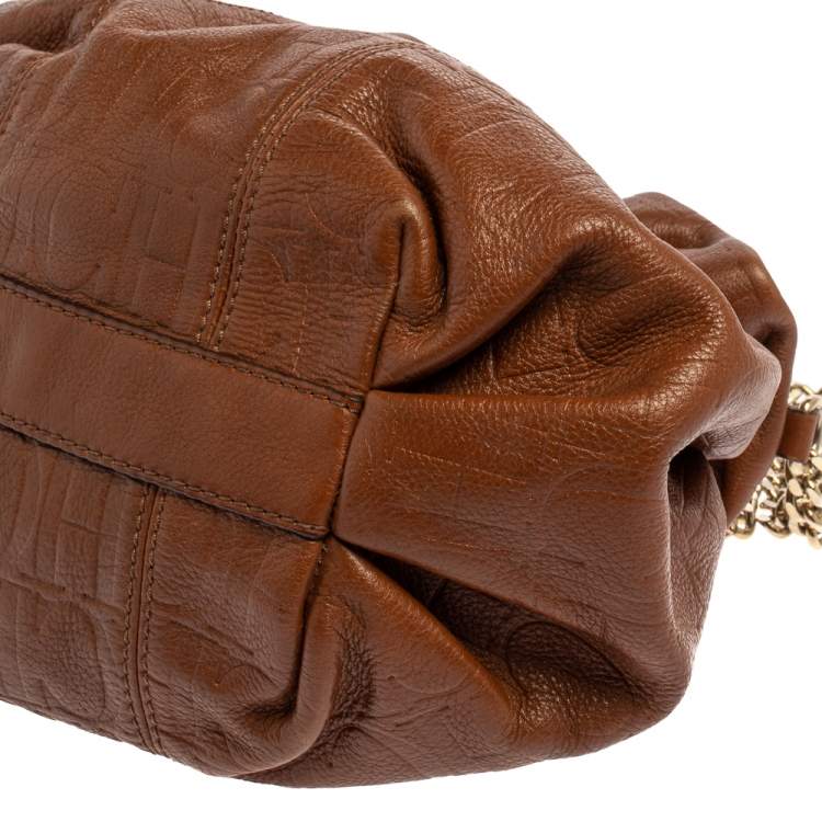 Pre Owned Carolina Herrera Brown Embossed Leather Bucket Shoulder Bag