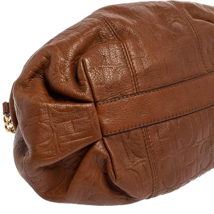 Pre Owned Carolina Herrera Brown Embossed Leather Bucket Shoulder Bag