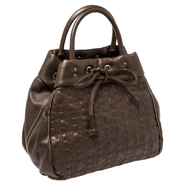 Pre Owned Carolina Herrera Dark Brown Monogram Quilted Leather Drawstring Tote