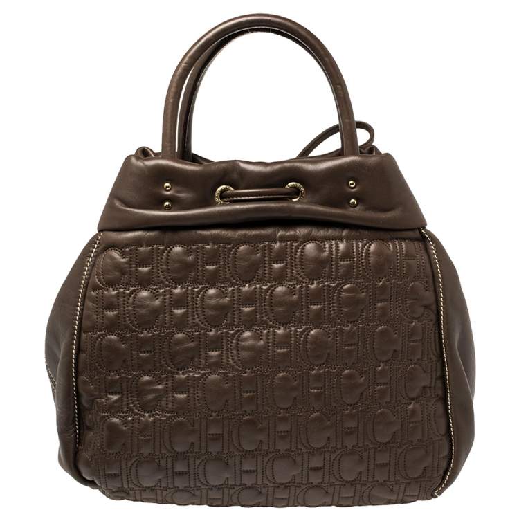 Pre Owned Carolina Herrera Dark Brown Monogram Quilted Leather Drawstring Tote