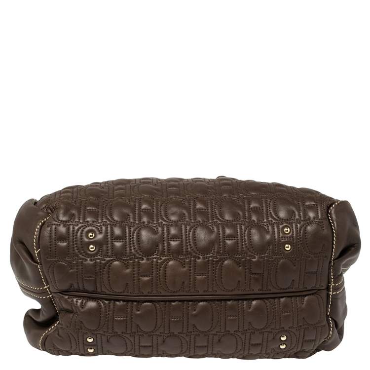 Pre Owned Carolina Herrera Dark Brown Monogram Quilted Leather Drawstring Tote