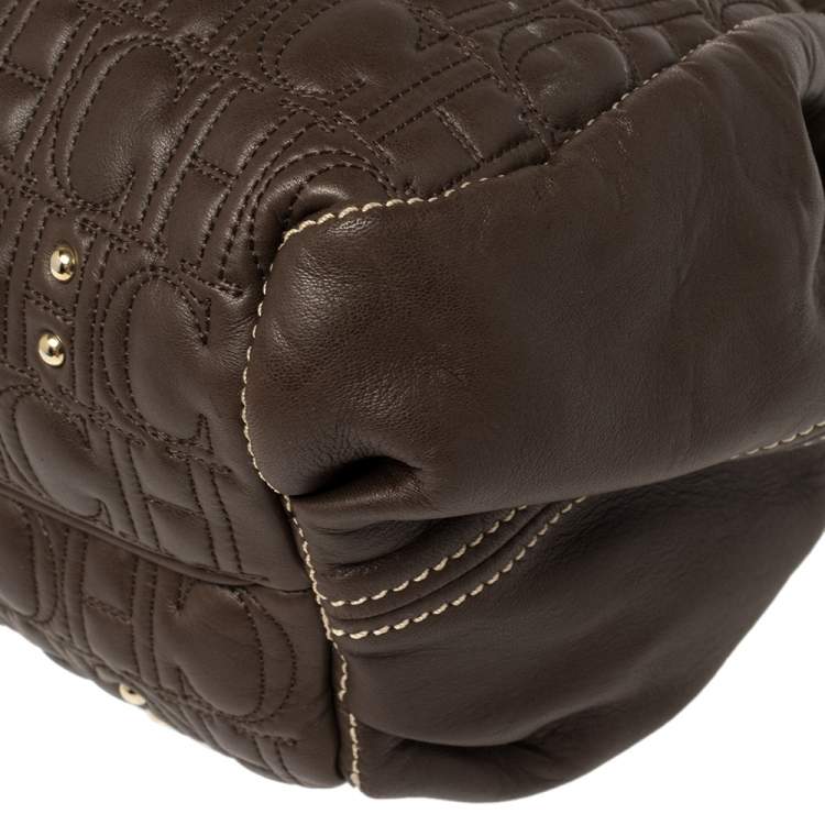 Pre Owned Carolina Herrera Dark Brown Monogram Quilted Leather Drawstring Tote