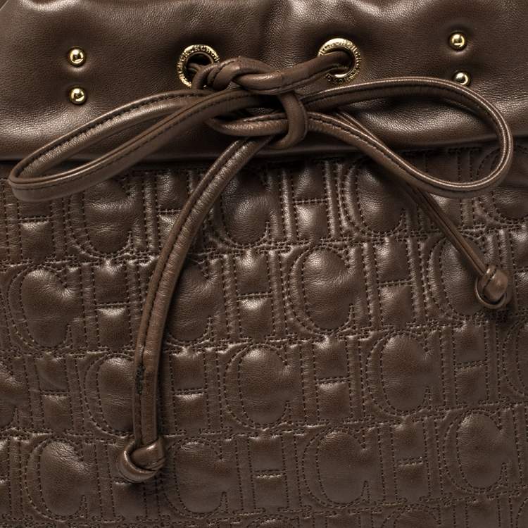 Pre Owned Carolina Herrera Dark Brown Monogram Quilted Leather Drawstring Tote