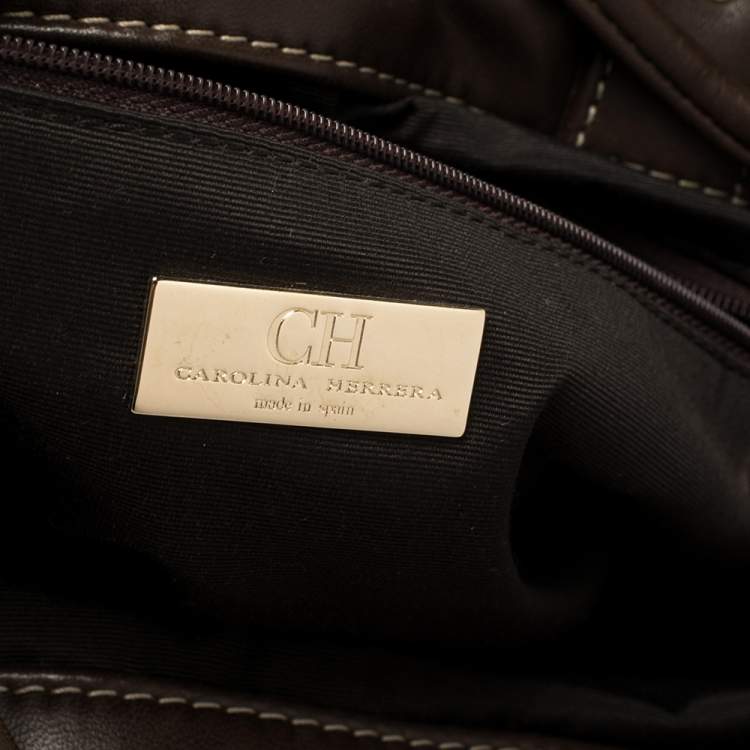 Pre Owned Carolina Herrera Dark Brown Monogram Quilted Leather Drawstring Tote