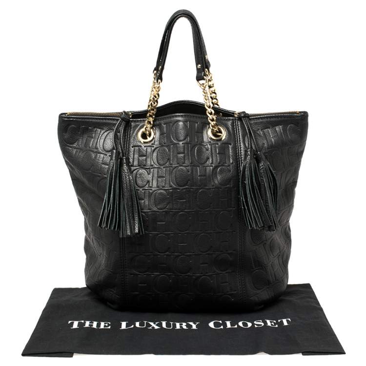 Pre Owned Carolina Herrera Black Monogram Leather Tassel Tote 