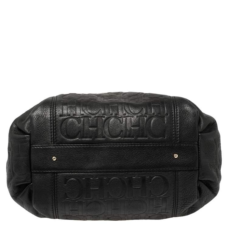 Pre Owned Carolina Herrera Black Monogram Leather Tassel Tote 