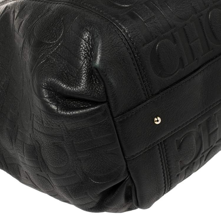 Pre Owned Carolina Herrera Black Monogram Leather Tassel Tote 