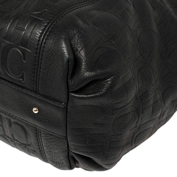 Pre Owned Carolina Herrera Black Monogram Leather Tassel Tote 