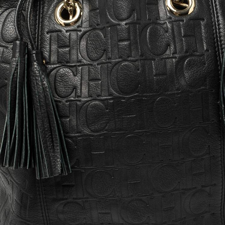 Pre Owned Carolina Herrera Black Monogram Leather Tassel Tote 