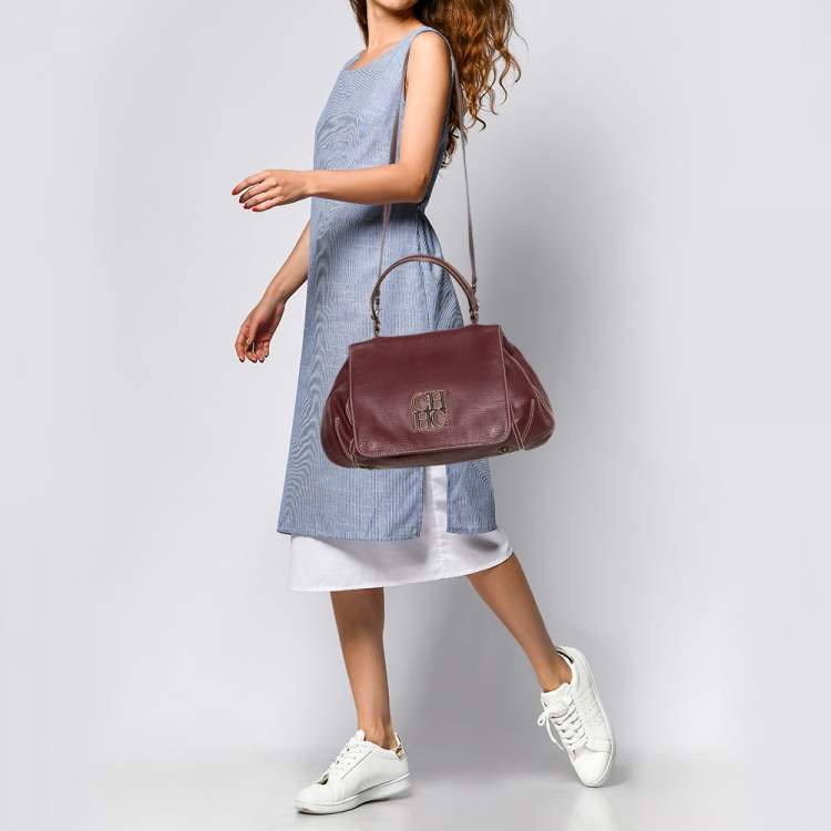Pre Owned Carolina Herrera Burgundy Leather Flap Top Handle Bag