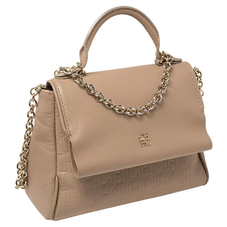 Pre Owned Carolina Herrera Beige Leather Mini Minuetto Top Handle Bag