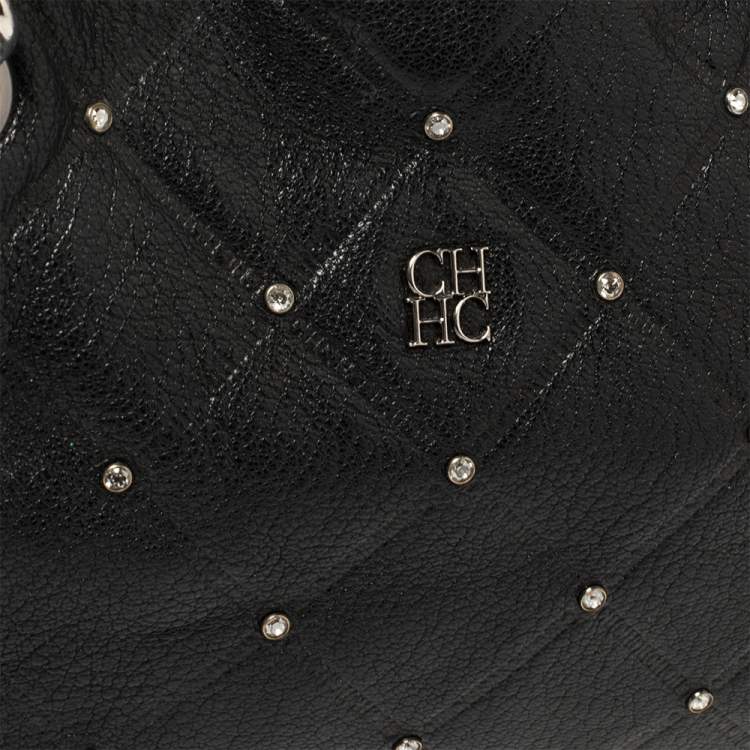 Pre Owned Carolina Herrera Black Quilted Leather Crystal Embellished Chain Tote 