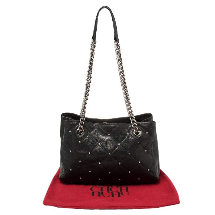 Pre Owned Carolina Herrera Black Quilted Leather Crystal Embellished Chain Tote 