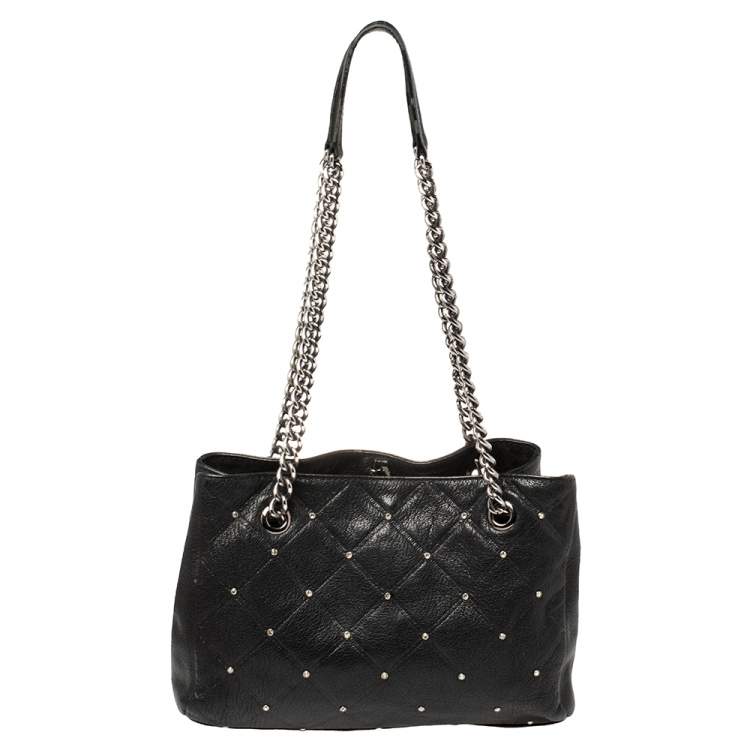 Pre Owned Carolina Herrera Black Quilted Leather Crystal Embellished Chain Tote 