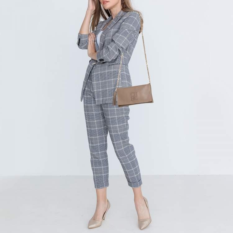 Pre Owned Carolina Herrera Beige Perforated Logo Leather Flap Tassel Shoulder Bag