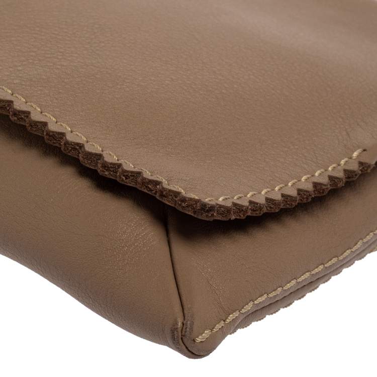 Pre Owned Carolina Herrera Beige Perforated Logo Leather Flap Tassel Shoulder Bag