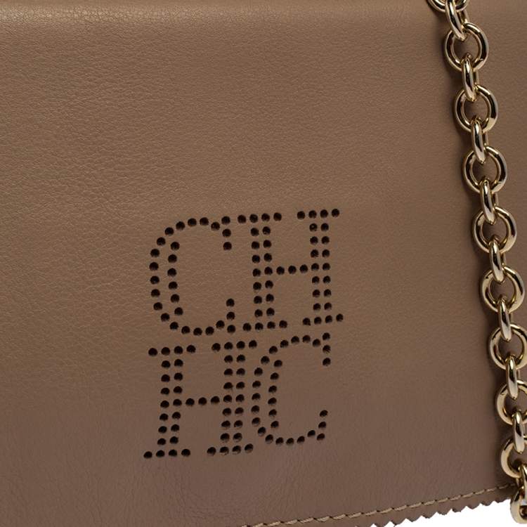 Pre Owned Carolina Herrera Beige Perforated Logo Leather Flap Tassel Shoulder Bag
