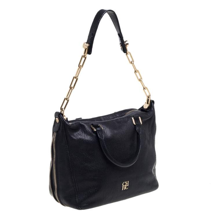 Pre Owned Carolina Herrera Black Leather Zip Satchel 